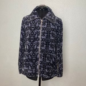 M Style&Co Sport Black Blue Damask Velvet Jacket Collar Pockets  Long Sleeve